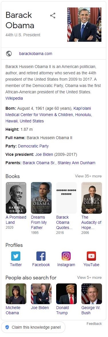 Google Knowledge Panel for Barack Obama