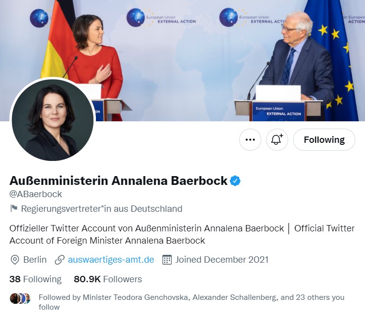 Screenshot of the Twitter account of German Foreign Minister Annalena Baerbock