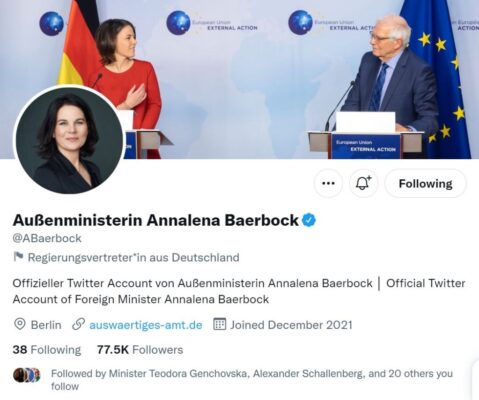 Screenshot of the Twitter account of German Foreign Minister Annalena Baerbock