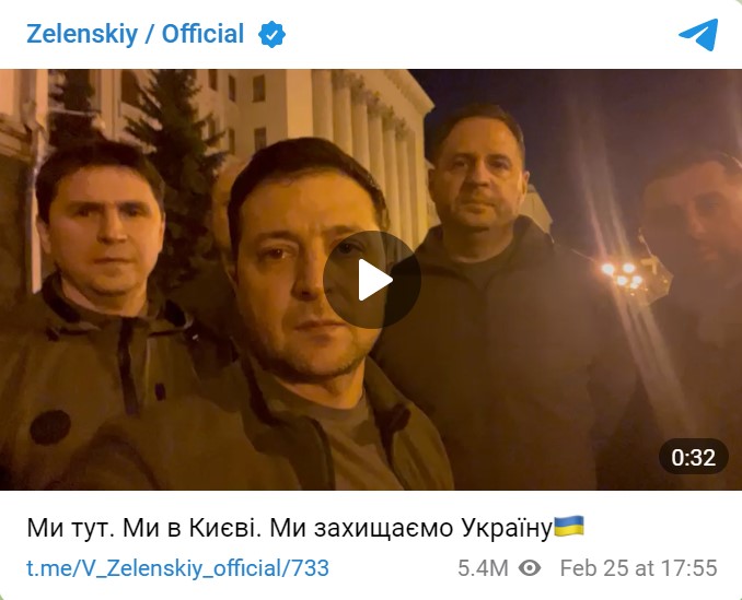 Ukrainian President Volodymyr Zelensky posting a video selfie on Telegram