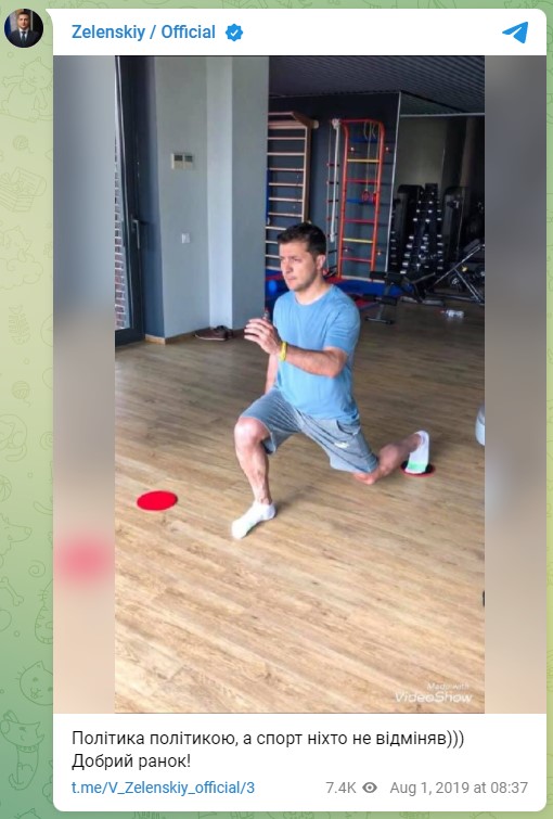 First Telegram post from Ukrainian President Volodymyr Zelenskyy working out in a gym.