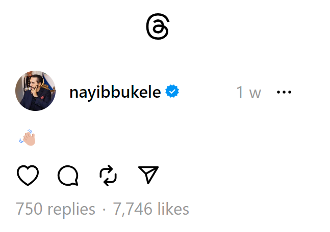 Screenshot of the waving emoji, the first post on Threads by El Salvador's President Nayib Bukele