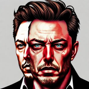 Graphic illustration of a two-faced Elon Musk created with AI by Images.AI
